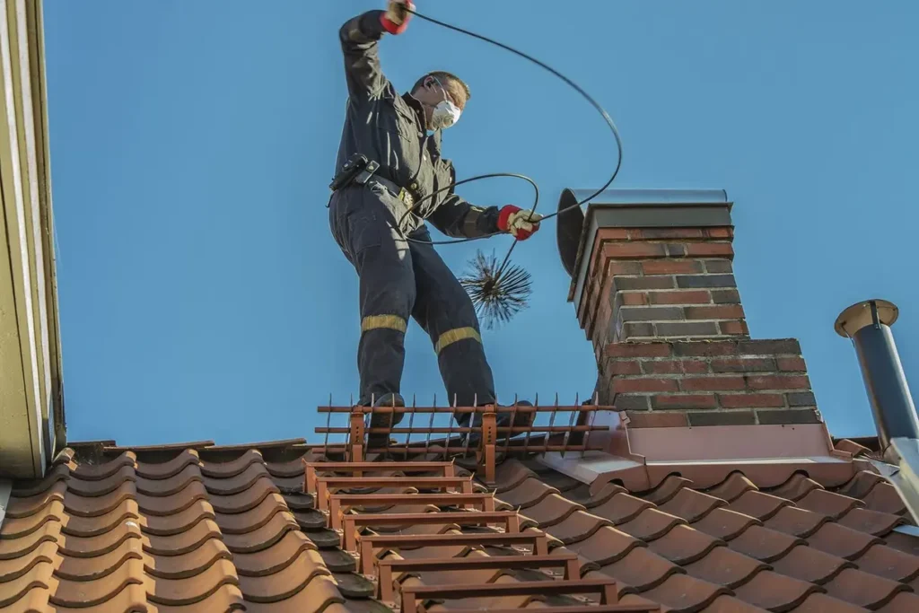 Chimney sweep cleaning brick chimney on tiled rooftop under clear blue sky