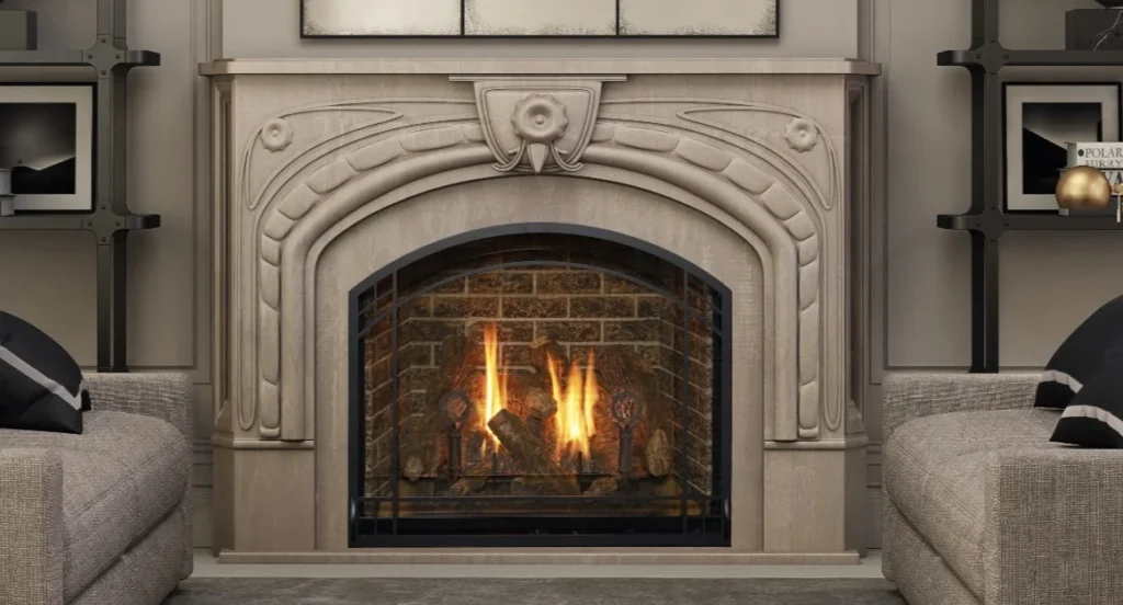 Elegant beige stone fireplace with carved Art Deco details and a gas firebox, styled by Texas Chimney LLC.