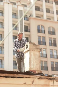 Full shot of a chimney repair technician working on a rooftop, with a beige brick chimney and a multi-story apartment building in the background.