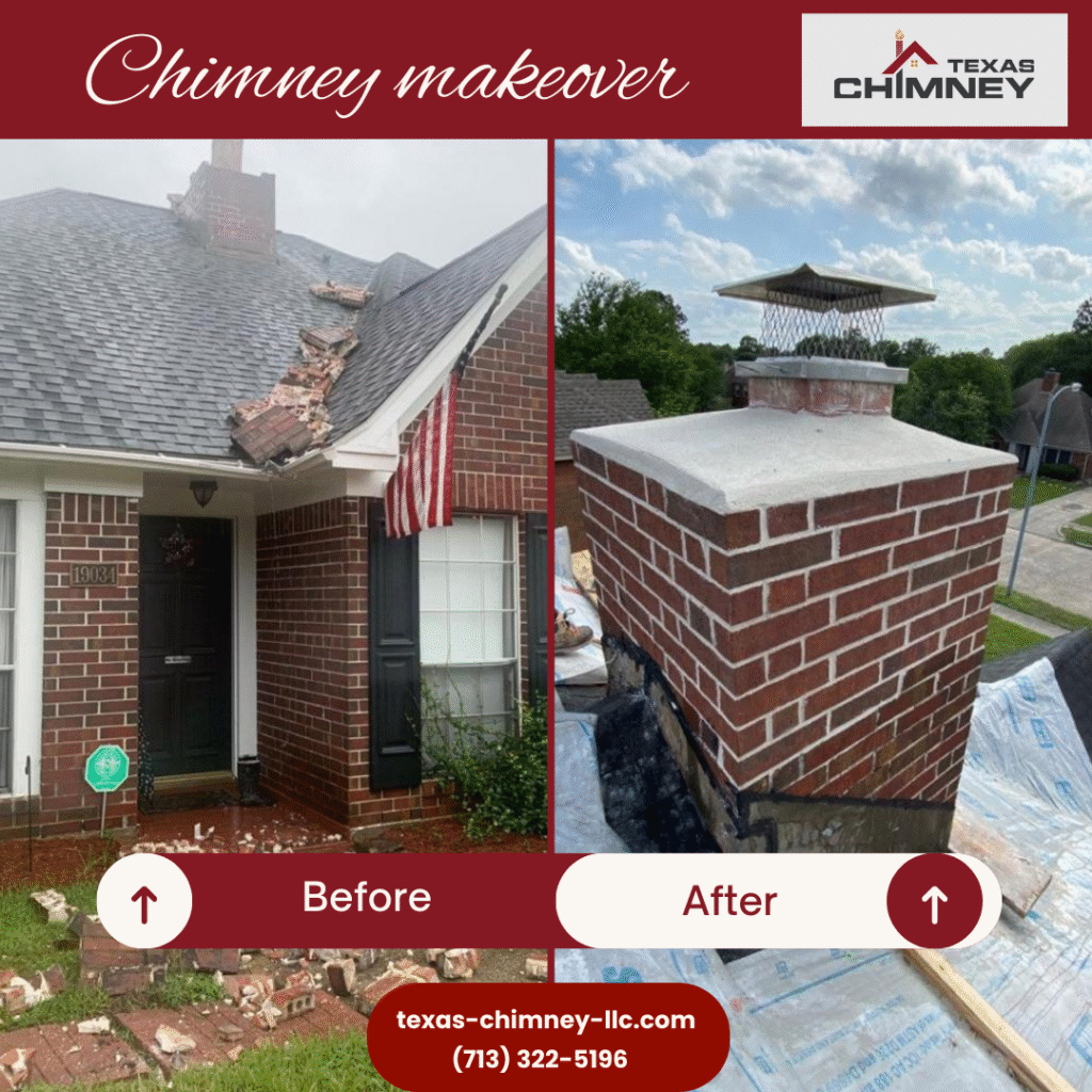 Before and after of a complete chimney makeover, showing a dirty, worn brick chimney transformed into a clean, well-maintained one