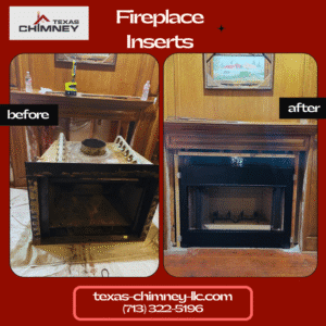 Before and after of fireplace insert upgrades, showing an old, worn insert replaced with a new, modern, and efficient one