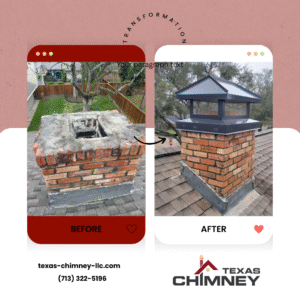 Before and after comparison of a chimney crown repair, with the 'before' showing a damaged crown and the 'after' displaying a new, pristine crown