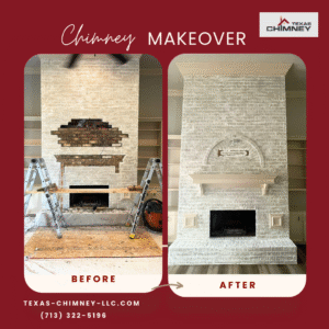 Before and after of a fireplace makeover, showing an old, brick fireplace updated to a modern, stone-clad design