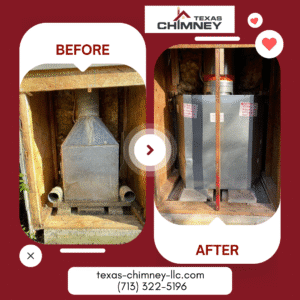 Before and after of a chimney liner replacement, showing a damaged, dirty liner replaced with a new, reflective one