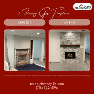 Before and after of a modern fireplace transformation, showing a dated brick fireplace updated to a clean, white, and sleek design
