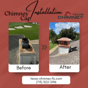 Before and after of a chimney cap installation, showing a chimney without a cap and then with a new, protective cap in place