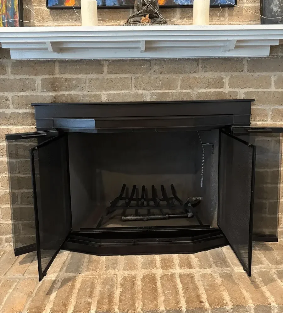 Clean fireplace with open door