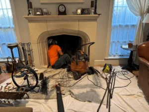 Chimney cleaning process in action
