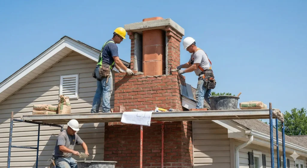 Two chimney repairmen working together to lay bricks on top of a chimney, using scaffolding for safety.