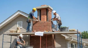 Two chimney repairmen working together to lay bricks on top of a chimney, using scaffolding for safety.