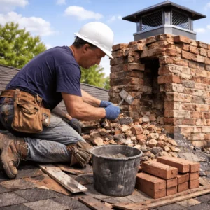 Worker restoring a damaged chimney by laying bricks.