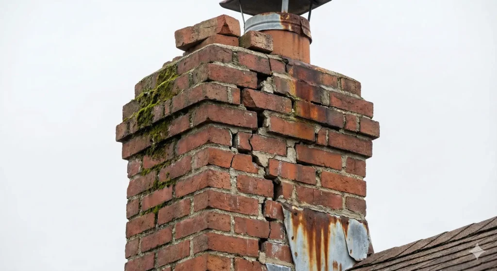 Close-up of a cracked and damaged brick chimney with visible moss growth.