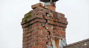 Close-up of a cracked and damaged brick chimney with visible moss growth.