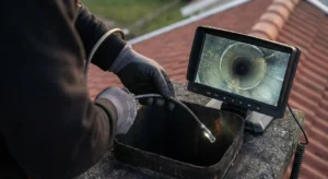 A person in work gloves feeds a flexible camera cable into a chimney opening on a roof. A portable monitor next to them displays a clear, circular live-feed view of the dark interior of the chimney pipe.