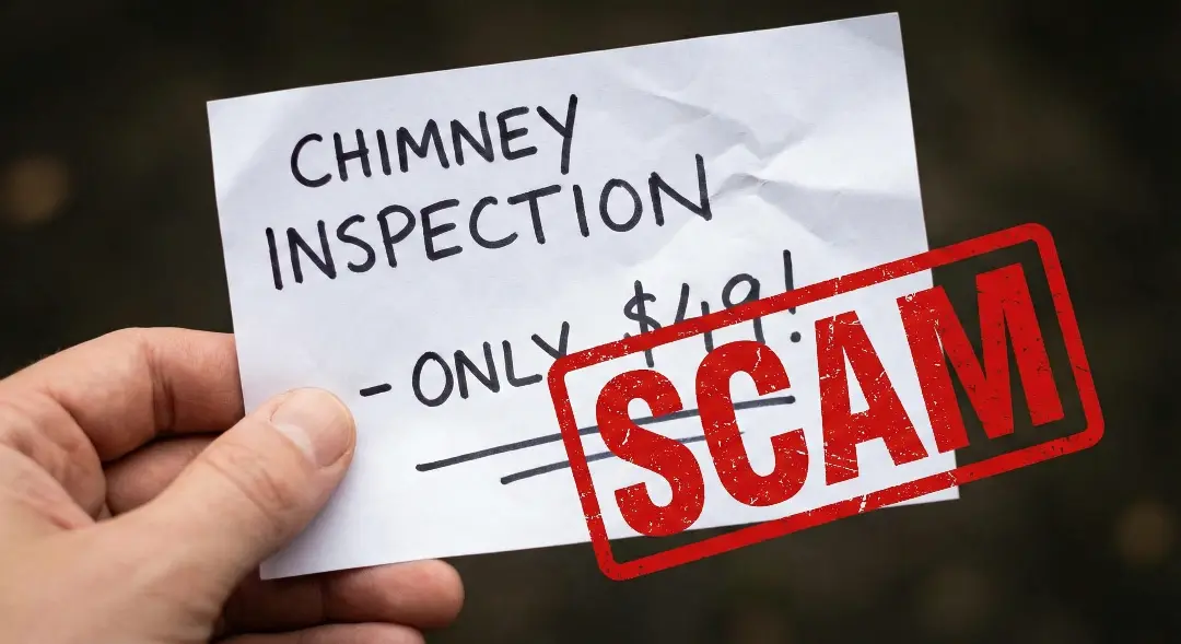 A close-up of a person's hand holding a small piece of paper that reads "CHIMNEY INSPECTION - ONLY $49!" A large, red, rectangular "SCAM" stamp is overlaid on the right side of the paper.