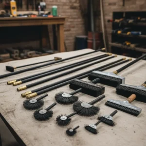 An array of various sized round wire chimney brushes and several long, black flexible extension rods laid out on a work table.