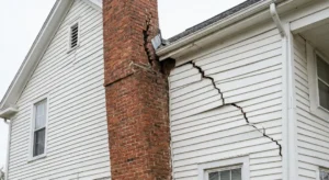 Exterior view of a large brick chimney leaning away from a white house, creating a large jagged gap.