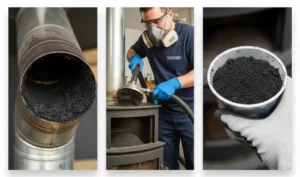 the process of professional chimney sweeping and maintenance, showing the removal of dangerous creosote and soot buildup from a wood stove pipe.