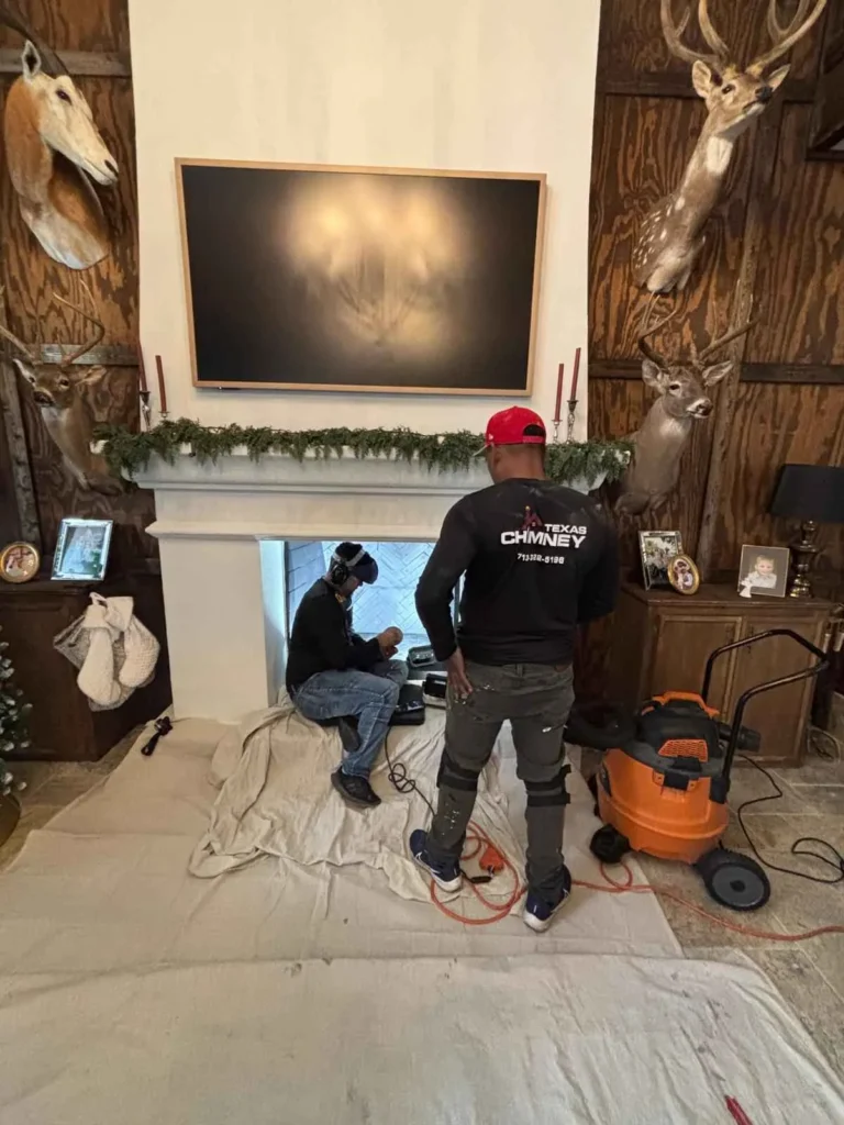 chimney professionals from Texas Chimney performing a service on a fireplace