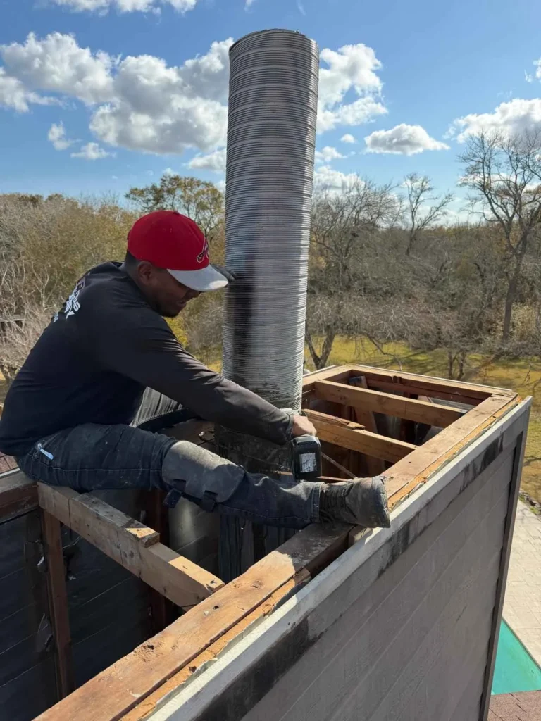 a worker installing a flexible stainless steel chimney liner.