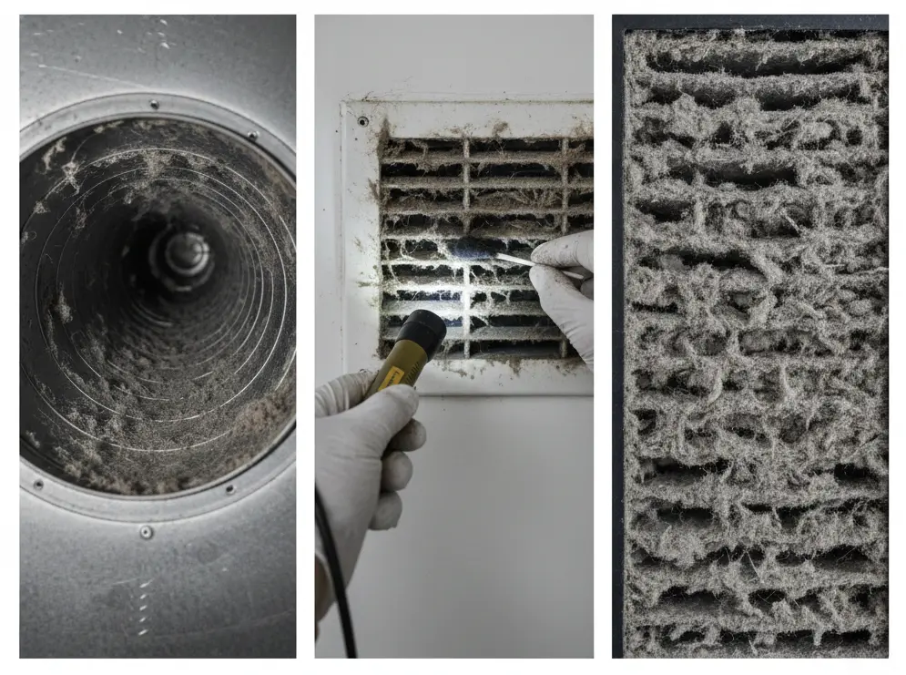 A three-panel collage showing a dirty circular duct, a hand using a flashlight to inspect a dust-clogged wall vent, and a close-up of a heavily matted air filter.