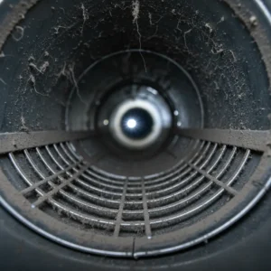 A close-up, internal view looking down a circular metal air duct showing significant buildup of dust, lint, and cobwebs on the walls and a metal grate.