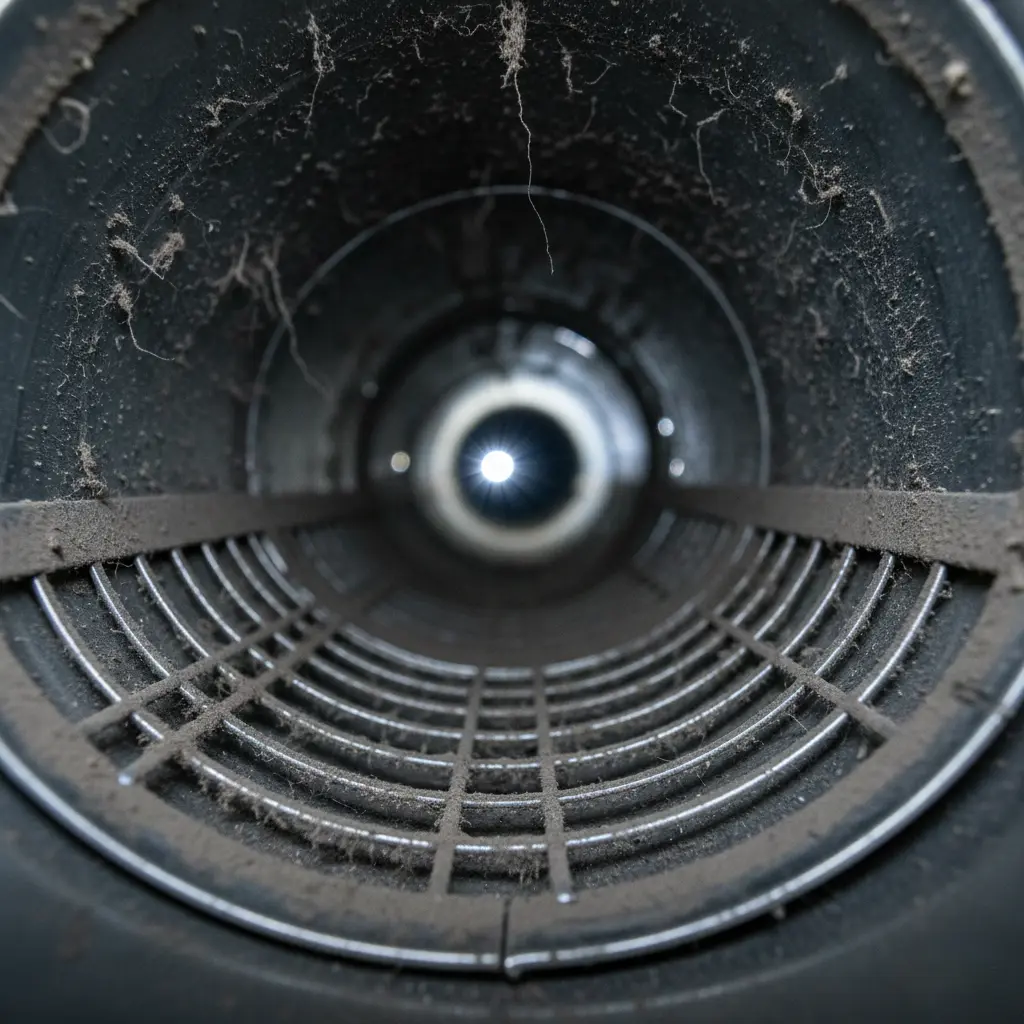 A close-up, internal view looking down a circular metal air duct showing significant buildup of dust, lint, and cobwebs on the walls and a metal grate.