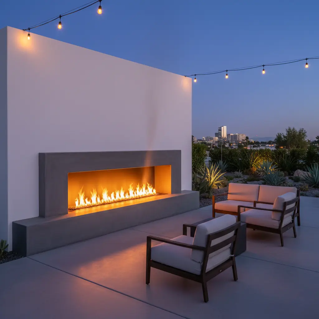 a ventless fireplace designed for modern outdoor living spaces.
