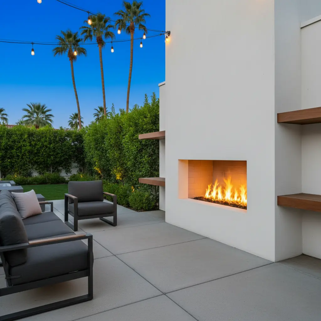 a modern linear outdoor gas fireplace built into a white stucco wall with surrounding patio furniture