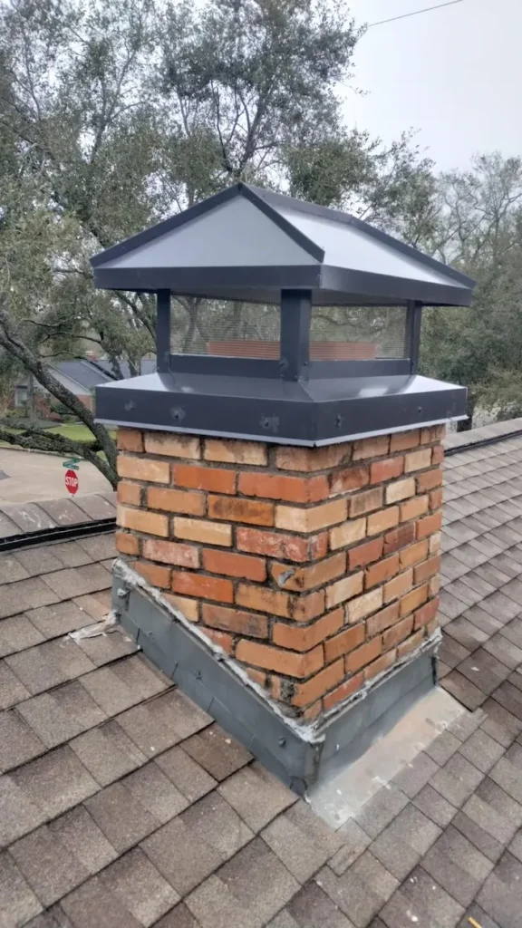Newly installed chimney with a black cap on top